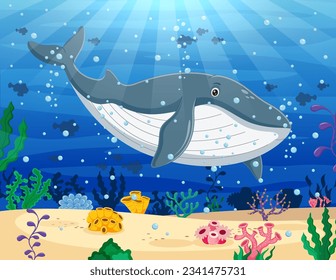 Caricatura de ballena nadando en el océano. Ilustración del vector