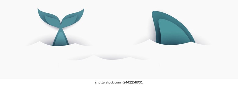 Cartoon whale tail and shark fin isolated on white background. Creative art composition in minimal paper cut style. Fashion vector illustration.