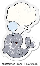 cartoon whale with thought bubble as a distressed worn sticker