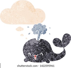 cartoon whale with thought bubble in grunge distressed retro textured style