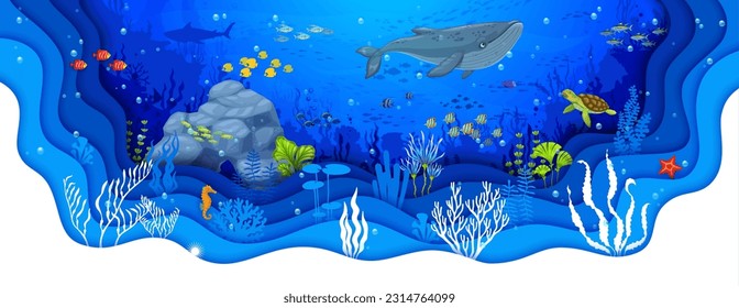 Ballenas de dibujos animados, bancos de peces tropicales, tortugas y algas en papel marino cortadas por el paisaje submarino. Escena vectorial 3d con animales salvajes en medio de la serena profundidad oceánica con corales, burbujas y rocas arte de papeleo