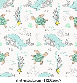 Cartoon whale and turtle seamless pattern. Sea marine background. Starfish, shell, seaweed.