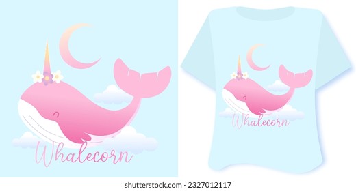 Cartoon Whale unicorn design for t shirts, nightie, clothes, kawaii illustration with moon  clouds background vector little Whalecorn   slogan, inspiration poster for playroom  