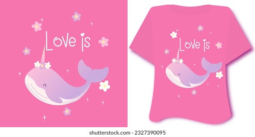 Cartoon Whale  unicorn design for t shirts, nightie, clothes, kawaii illustration with moon  clouds background vector little Whalecorn   slogan, inspiration poster for playroom  