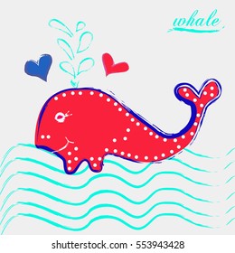Cartoon whale vector card with heart. Cute happy child Beautiful Ocean cards. Smiling whale. Whale in love. Greeting card . Honey, I love you card. Valentine's Day background