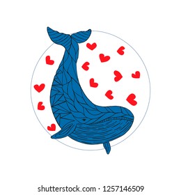 Cartoon whale vector card with hearts. Cute happy ocean whale. Lovely childish card. Whale in love.  Cute Hello summer card. Valentines day background.