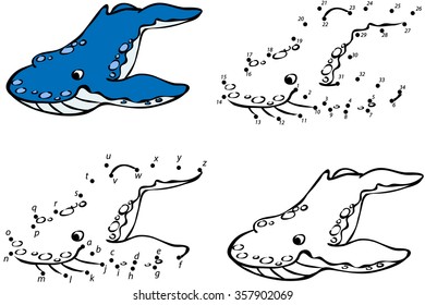 Cartoon whale. Vector illustration. Coloring and dot to dot educational game for kids