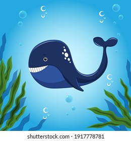 Cartoon whale vector illustration. Cute whale underwater for postcards, social networks.