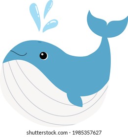 Cartoon Whale. Vector illustration of cute whale in flat style.