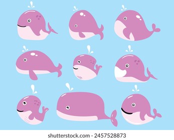 Cartoon whale vector illustration. nine pink cute whales. Graphic for Valentine`s Day card.pink whale for children's book