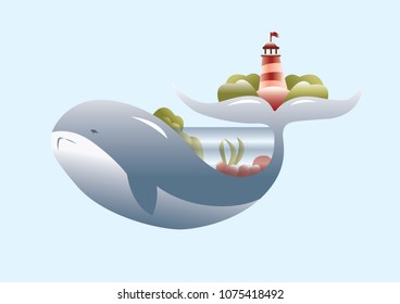 Cartoon whale. Vector whale with lighthouse