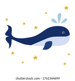 Cartoon whale with water splashes. And yellow stars. For the design of postcards, posters. Vector illustration, in the style of hand drawing. Isolated on a white background.