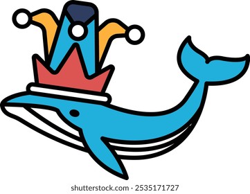 Una ballena de dibujos animados con una corona. La ballena es azul y tiene un sombrero rojo en la parte superior de su cabeza