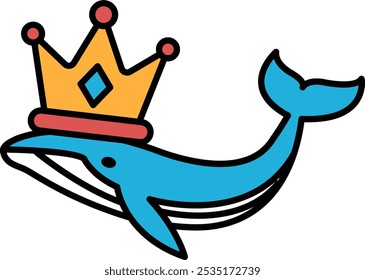 A cartoon whale wearing a crown. The whale is blue and the crown is yellow