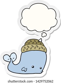 cartoon whale wearing hat with thought bubble as a printed sticker