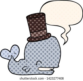 cartoon whale wearing top hat with speech bubble in comic book style