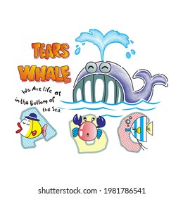 cartoon whales and assorted sea animals - vector illustration