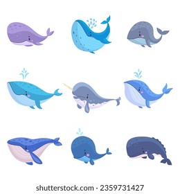 Cartoon whales. Cute underwater whale characters, marine animals. Isolated childish animal for stickers, funny creatures nowaday vector clipart