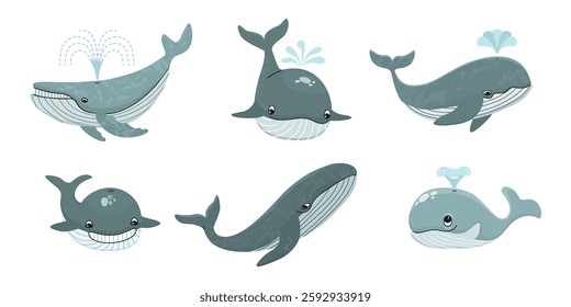 Cartoon whales with fountains set. Cute animals characters in blue grey colors isolated on white background. Vector design for use in card, banner template, poster, stickers. Flat color illustration.