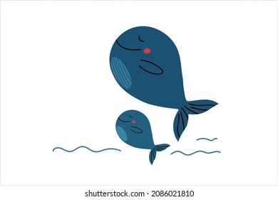 Cartoon whales. large whale with cub diving out of ocean waves. Smiling blue whiles. Hand drawn vector illustration. Cute cartoon characters. Marine Animal for nursery, bedroom decor, whale day card.