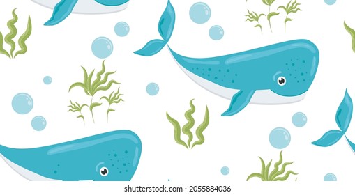 Cartoon whales. Seamless pattern with whales. Underwater world with algae isolated on white background. Creative kids texture for fabric, wrapping, textile, wallpaper, apparel. Vector illustration