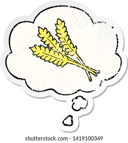 cartoon wheat with thought bubble as a distressed worn sticker