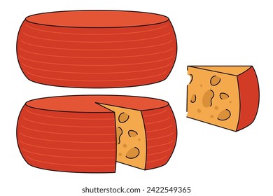 Cartoon wheel of cheese with red waxy rind. A triangular piece cut from a round cheese wheel