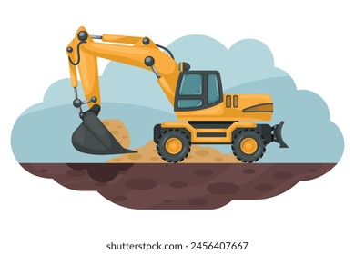 Cartoon of wheel excavator doing a dig in the ground. Heavy machinery used in the construction and mining industry