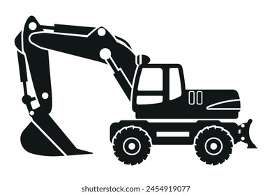 Cartoon wheel excavator silhouettes. Heavy machinery for construction and mining