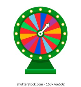 Cartoon wheel fortune lottery design element. Spinning lucky fortune roulette isolated on white. Vector illustration