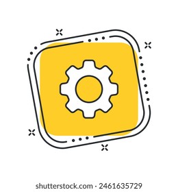Cartoon wheel icon vector illustration. Gear icon on isolated yellow square background. Cogwheel sign concept.