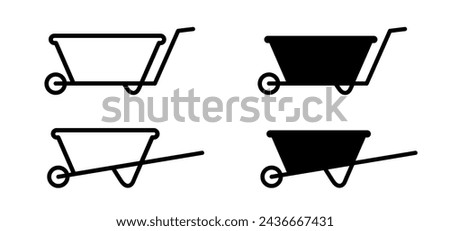 Cartoon wheelbarrow icon. Garden cart with handles. Garden metal wheelbarrow carts. Gardening tools. Agriculture and building work. Construction, full or empty barrow.