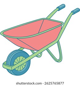 a cartoon wheelbarrow with a pink container, green frame, and a blue wheel shown clearly