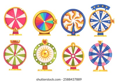 Cartoon wheels of fortune. Lucky wheel spin, roulette spinning chance lottery luck section carnival show gambling games logo money prize winner contest, classy vector illustration original artwork