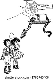 A cartoon in which a snake giving cake to two children a board written there The Forbidden Cake, vintage line drawing or engraving illustration.