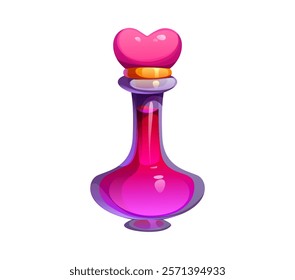 Cartoon whimsical potion bottle with a pink heart shaped stopper and vibrant red liquid, symbolizing love, valentine day, magic and enchantment, fantasy, romance, witch brew or mystical concoction