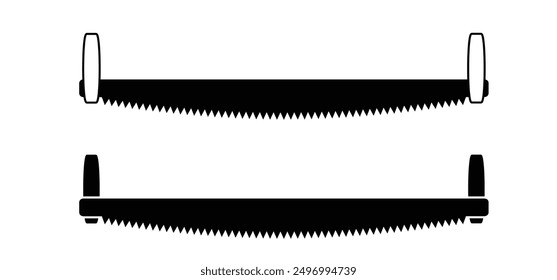 Cartoon whipsaw or pull saw. Drawn handsaws for carpenters. Saw logo. push and pull saw. Double saws. Tree saws.