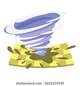 Cartoon whirlwind spinning over agricultural field, destroying harvest and lifting soil