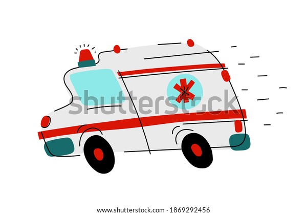 Cartoon white ambulance with red signs.\
Medical rescue vehicle isolated on white background. Paramedic\
transport is moving fast with lights, siren. Medicine, health, care\
symbol. Vector\
illustration
