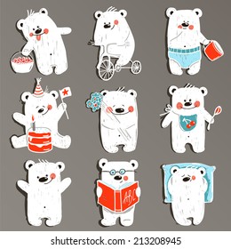 Cartoon White Baby Bears in Action Collection. Nine hand drawn  simple childish bears set. Vector illustration.