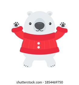 Cartoon white bear wearing red sweater is happy in winter christmas day