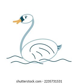 Cartoon white bird swan on waves of lake isolated on white. National culture symbol of Finland. Vector illustration of Finnish traditional. Scandinavia concept