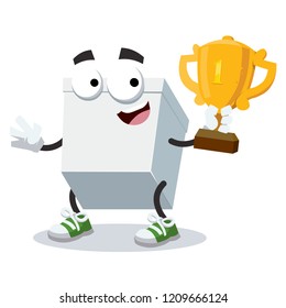 cartoon white blank cardboard package box mascot holds the number one cup on white background