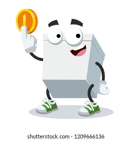 cartoon white blank cardboard package box mascot keeps the coin on white background
