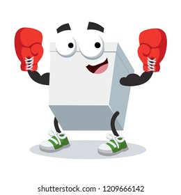 cartoon white blank cardboard package box mascot in red boxing gloves on white background