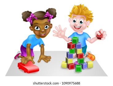 Cartoon white boy and black girl playing with toys, with car and toy building blocks