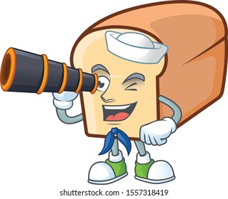 Cartoon of white bread in character sailor holding binocular.