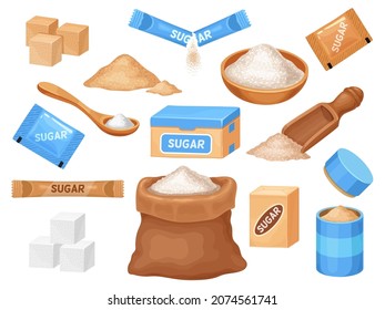 Cartoon white and brown sugar in cubes, bag, bowl and spoon. Salt and sweet cooking ingredient in packages. Granulated cane sugar vector set, Sack with product heaps, stick for drink