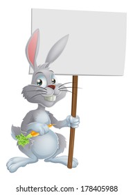 Cartoon white bunny rabbit holding a carrot and sign