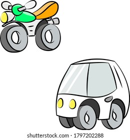 Cartoon white car and motorcycle vector illustration